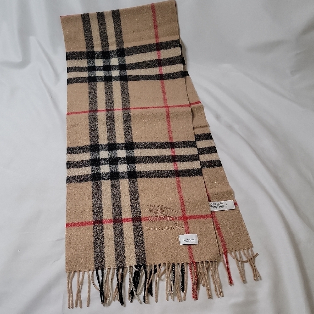Burberry Tan Checkered Scarf With Gold Glitter